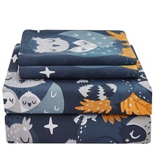 Navy Blue Owl Kids Sheet Set Full Size, 4 Piece Forest Animals Printed Microf...