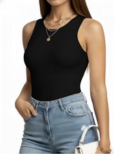 Women  s Crew Neck Black Bodysuit  Size Medium Sleeveless Tank Top One-Piece