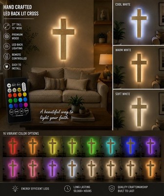 Aspen Handcrafted 27 x 15  Wooden Wall Cross Backlit - Remote Control