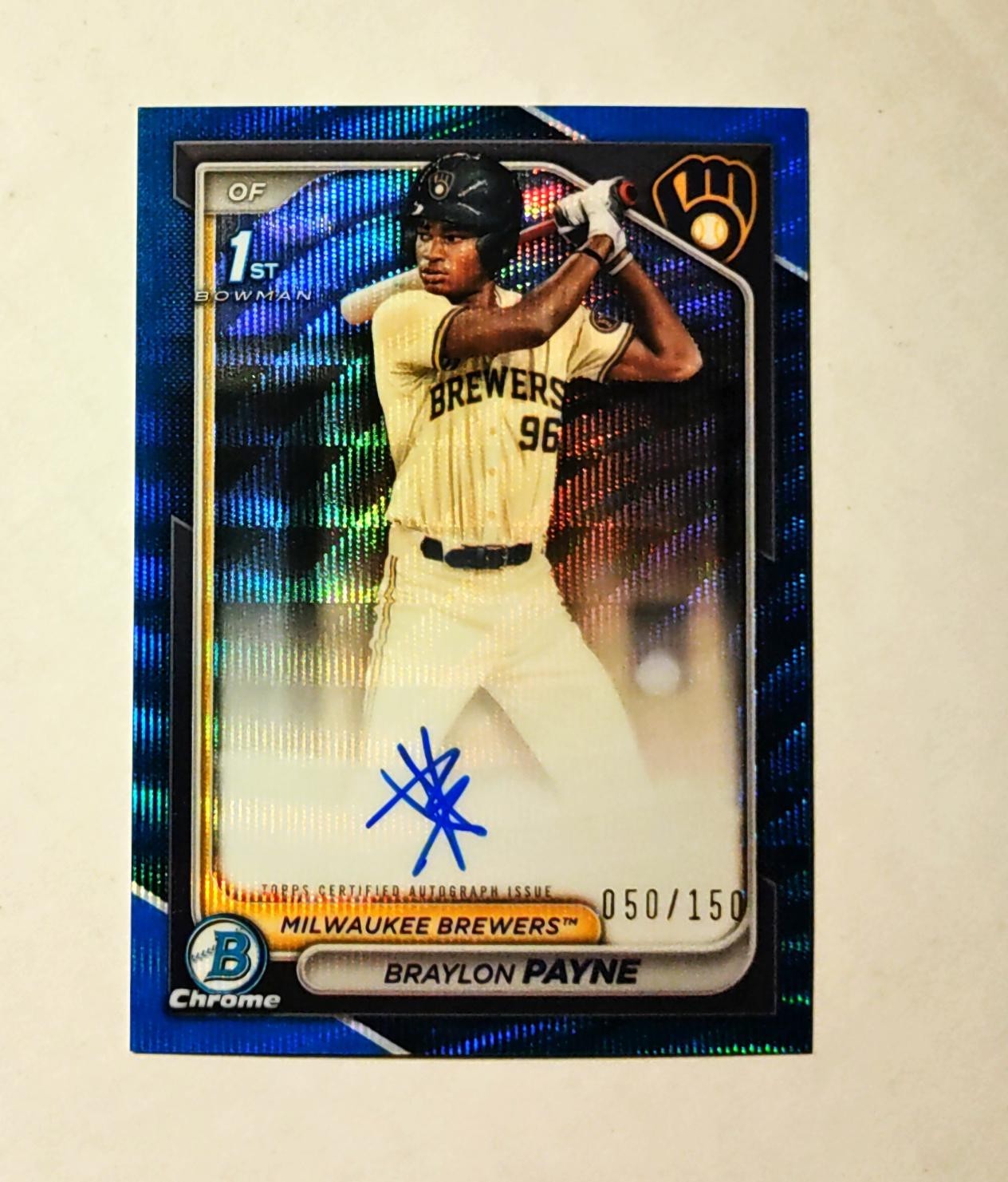 Braylon Payne 2024 1st Bowman Chrome AUTO BLUE Wave REFRACTOR 050/150 Brewers O6