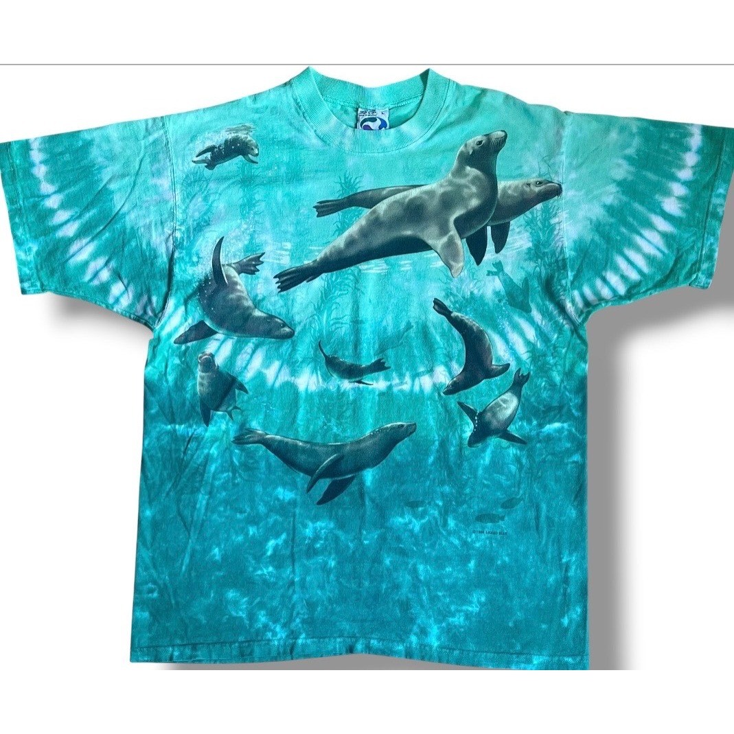 Vintage 1996 Liquid Blue Sea Lion Tie Dye T-Shirt Mens Large Teal All Over Print