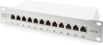 DIGITUS Cat-6A Patchpanel12 Ports RJ45-Buchsen 10-Zoll Rack-Mount 1HE grau