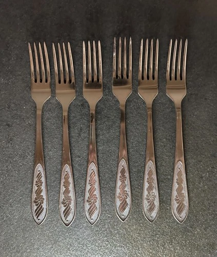 Vintage USSR Stainless Steel Fork Set, 6 pcs, Floral Handle, 1980s Soviet