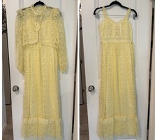 Women s Vtg Yellow Maxi Dress Lace 2 Piece Set Size XS 70 s Prairie Croquette