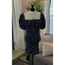 Farm Rio Women's Tiny Fruits Print Smocked Mini Dress Size Small Black Stretch