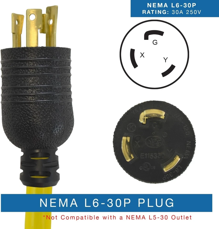 Cable adaptador Y 30 Amp 250V 3' L6-30P a NEMA L6-30R Foto 4 de 4