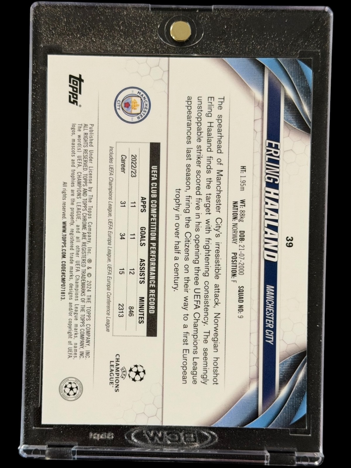 Erling Haaland BLUE SAPPHIRE REFRACTOR TOPPS CHROME CARD MINT view 2