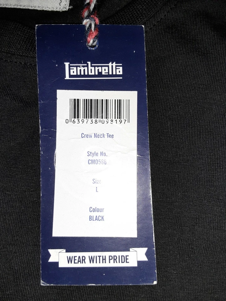 Camiseta LAMBRETTA Cuello Redondo Manga Corta Grande Negra NUEVA Foto 2 de 4