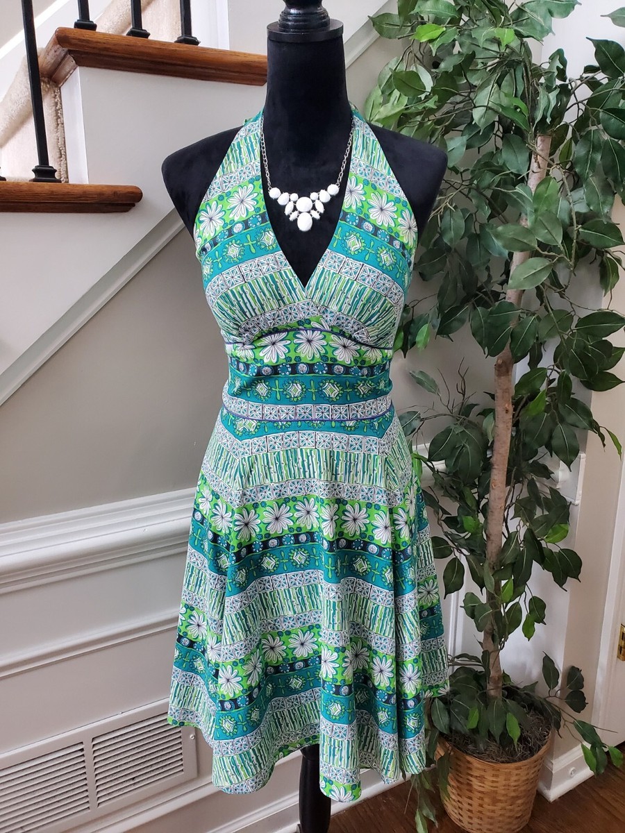 slim fit dress slacks Green Floral Halter-Neck Beach Midi Dress L / Green Floral / 80% Viscose 20% Cotton