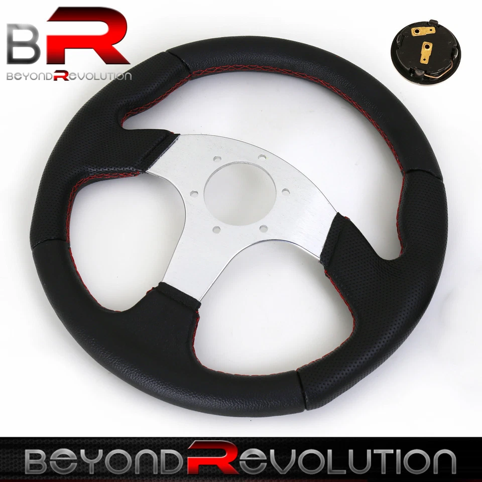 Volante Godsnow Jdm Horn negro plata centro rojo puntadas 6 pernos orificios Foto 2 de 4