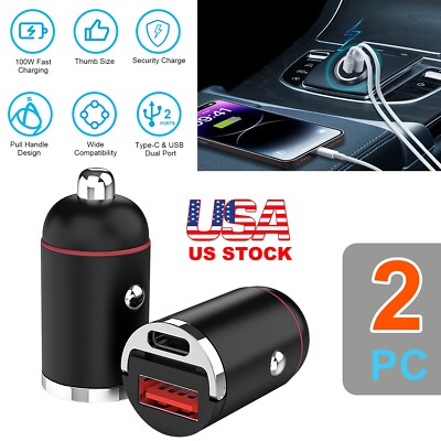 2PCS 100W Car Charger PD3.0&QC4.0 Dual Port Type C Cigarette Lighter USB  Charger