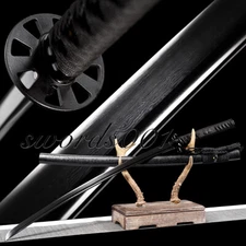 All Black Damascus Folded Steel Blade Katana Japanese Samurai Sword Full Tang 
