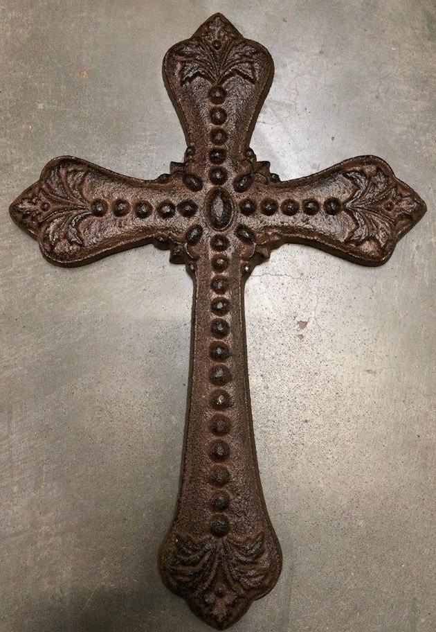 STUDDED FLEUR DE LIS  CROSS, Rustic Brown Finish, leather looking cast iron