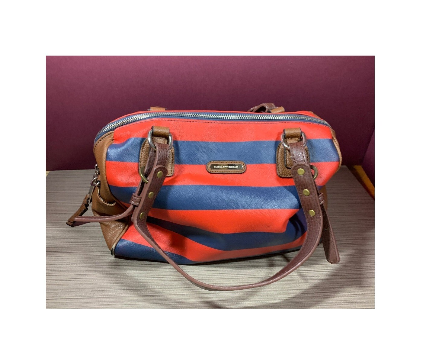 DANA BUCHMAN RED NAVY BLUE STRIPED PURSE BAG LOTS OF COMPARTMENTS