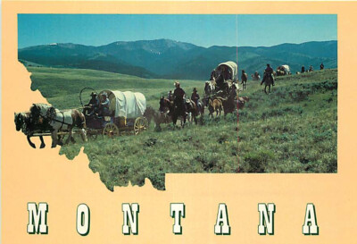 Postcard Wagon Train in Montana - State Map Outline