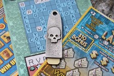 Handmade Lottery Scratcher Pewter Skull and 4 Leaf Clover Lotto Ticket Scraper