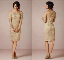 New Gold Appliques Mother of the Bride Dresses Long Sleeve Knee Length Plus Size