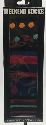 HYP Crew Socks 4 Pairs Adult Shoe SZ 6-10 Weekend Fun Stripes Dots Squares