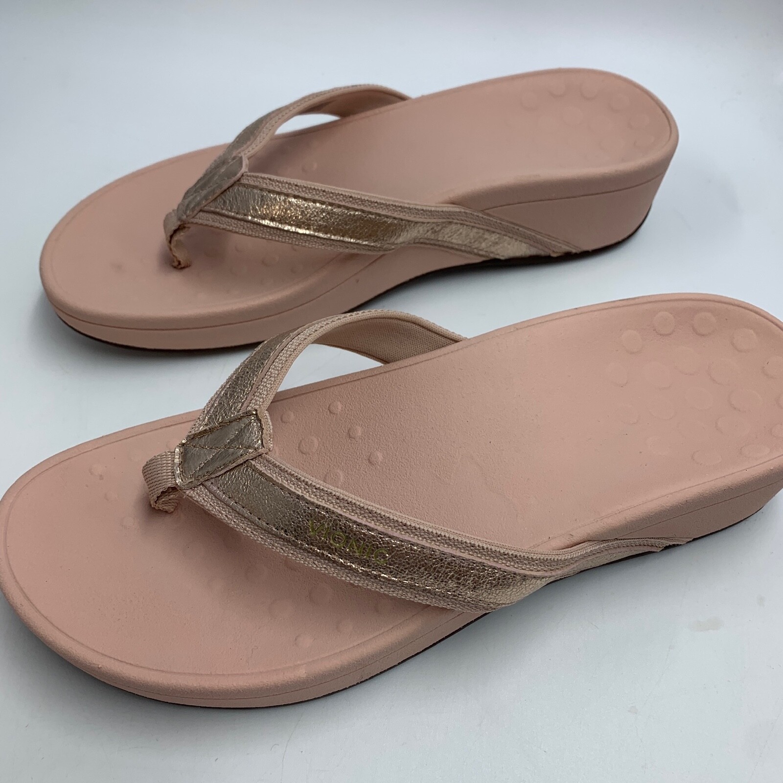 Vionic womens 9 High Tide metallic flip flops sandal wedge comfort pink  slip on | eBay