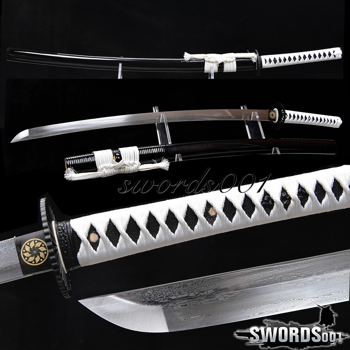 Black & White Japanese Samurai Katana Sword Real Sharp Damascus