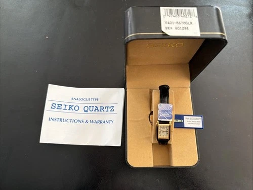 Seiko Women’s Rectangular Gold Tone Watch SXGK60P1 Black Leather – New in Box