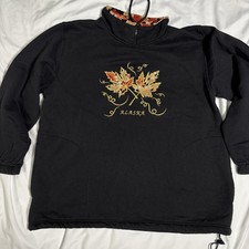 Vintage 90s Black Sweatshirt Gold Embroidered Alaska Fall Leaves w/ Zip Collar