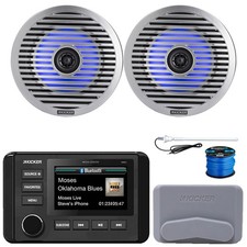 Kicker Marine Receiver, 2x 6.5" 130W Thin-Mount RGB LED Speakers, Grilles, Wire