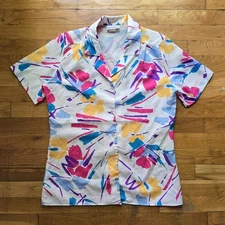 Vintage Laura Mae Women's Button Up Polyester Blouse Bold Abstract Print Size 8