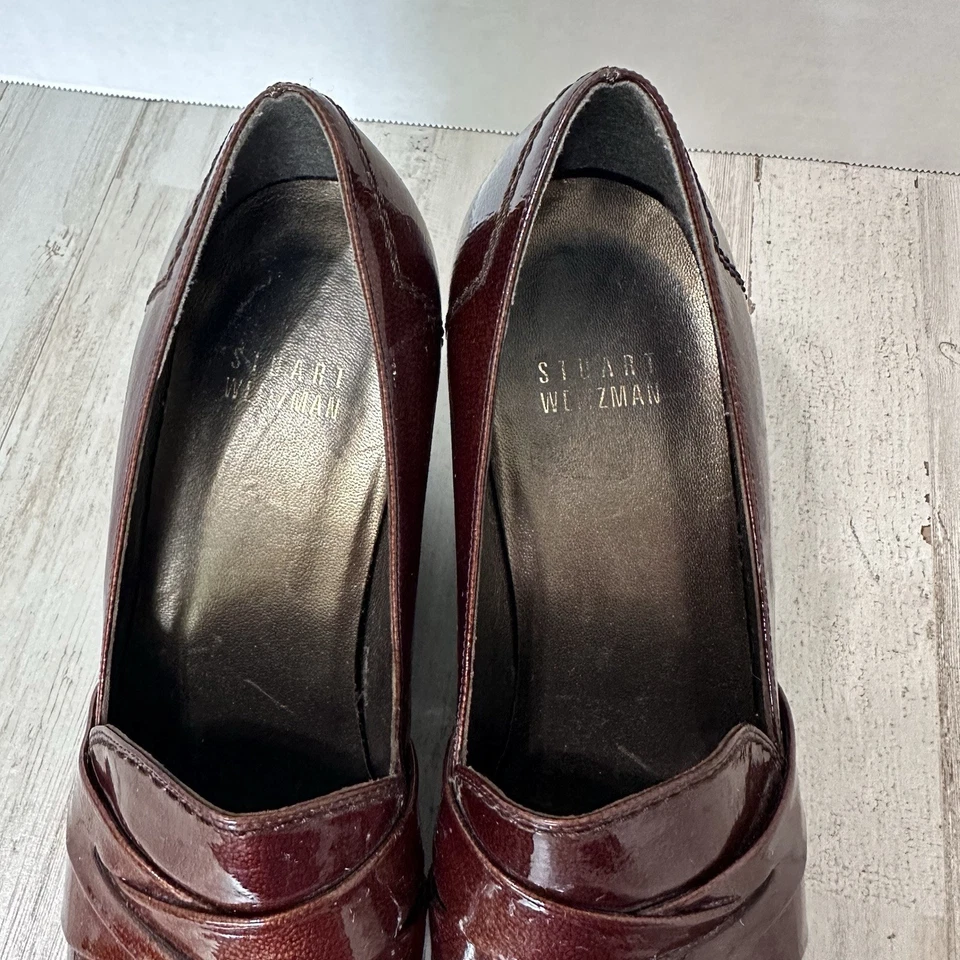 Stuart Weitzman Patent Leather Wedge Loafers 5.5 M Copper Heeled Office FLAW - Image 3 of 4