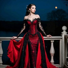 Gothic Wedding Dresses Off Shoulder Long Sleeves Black And RedMermaid Sweetheart