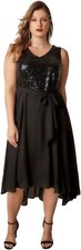 Black Sequin Embellished Dress With Self Tie Waist Dipped Back Hem Party Wear