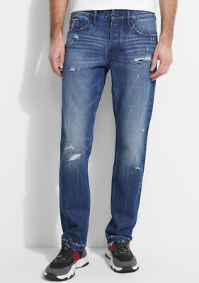 Guess Men's Rigid Slim Straight Jeans Destroyed Bright Indigo Wash Size 38