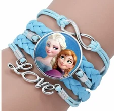 Elsa & Anna Princesses Glass Domed Love Logo Leather Braided Bracelet