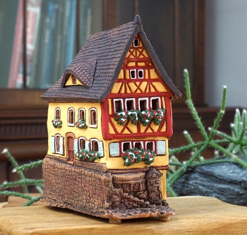 Ceramic Tea Light Holder Mini House Plönlein Rothenburg H-11cm Midene Handmade