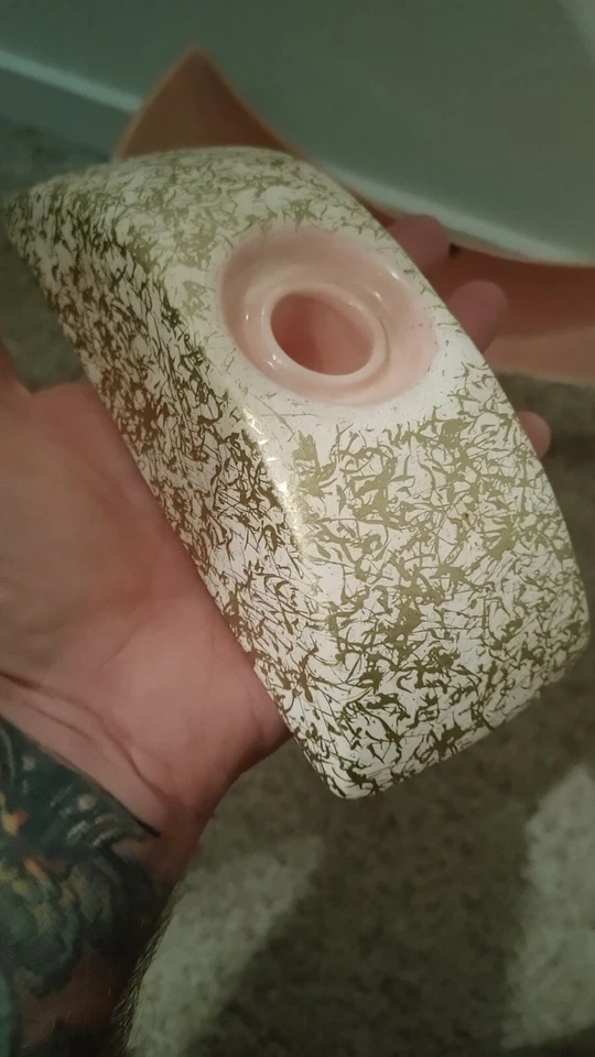 MCM Mid Century Shawnee Kenwood Kashani Pink Weeping Gold Pink Glaze Console Set - Image 4 of 4