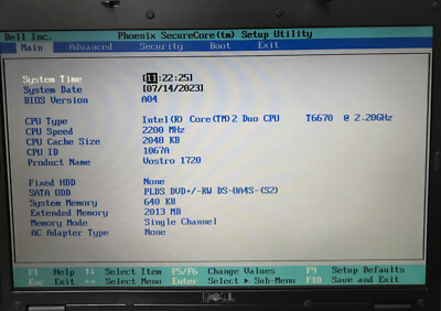 Dell Vostro 1720 Intel Core 2 Duo P6670 2.2GHz 2GB RAM No HDD Boot