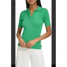 Karl Lagerfeld Paris Ribbed Knit Polo Top Short Sleeve Metallic Green L