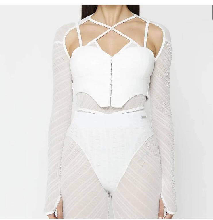 Maniere de voir SHEER BODYSUIT WITH VEGAN LEATHER CORSET WHITE