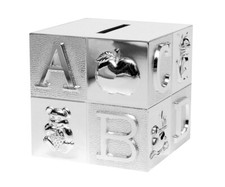 Children's Piggy Bank School Enrollment ABC Cube Silver Plated Engraving