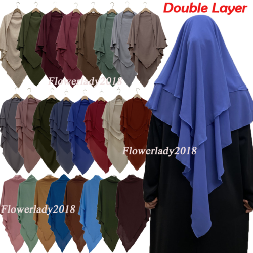 2 Layer Khimar Prayer Scarf Women Muslim Hijab Turban Islamic Tops Caftan Burqa - Afbeelding 1 van 185