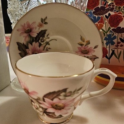 Vintage Duchess Teacup & Saucer Set Pink Floral Pattern Gold Trim