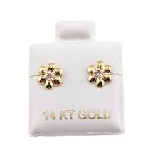 14K Solid Gold Flower Stud Earrings White Cubic Zirconia Floral Posts