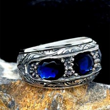 925 Sterling Silver Men Blue Sapphire Band Hand-Engraved Band Ring