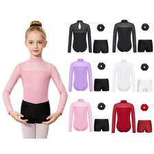 Kids Girls Outfits Rhinestone Dancewear Keyhole Back Sets Patchwork Dance Mesh