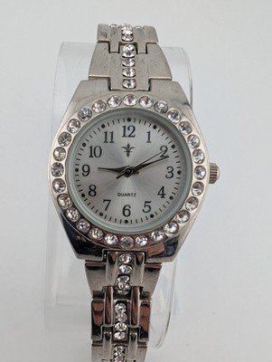 Accutime Womens Watch Silver Tone Crystals Bracelet 27mm Case 7''- New Battery