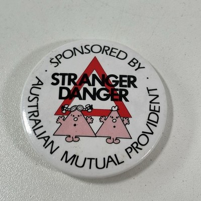Rare Vintage Stranger Danger Badge Australian Mutual Provident Mr Men