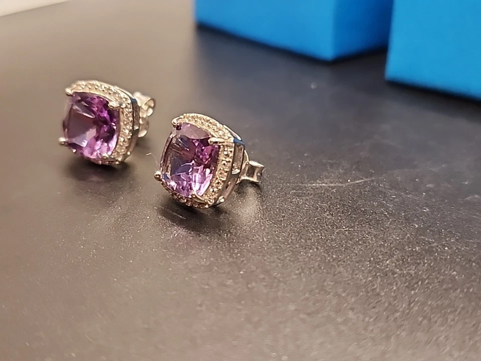 Pendientes de platino amatista púrpura sobre plata de ley 7,75 ctw DOK2921 JTV NUEVOS EN CAJA Foto 3 de 4