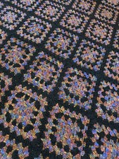 Vtg Handmade Crocheted Granny Square Afghan Blanket 75x60 Cottagecore Black