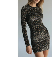 $195 Sezane Hildana Dress size 34 2 XS Fitted Mini Velvet Floral Long Sleeve v