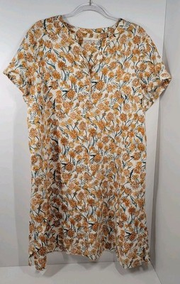 Seasalt Cornwall Orange Cream Floral 100% Linen S. Sleeve Dress Pockets Sz US 14